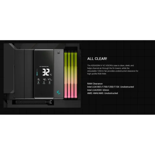 DeepCool Assassin IV VC VISION Flagship Air Cooler Digital Display 7 Heat Pipes Dual-Tower 1800RPM 140/120mm FDB Fans PWM 100% 300w TDP For Intel & AMD , Black
